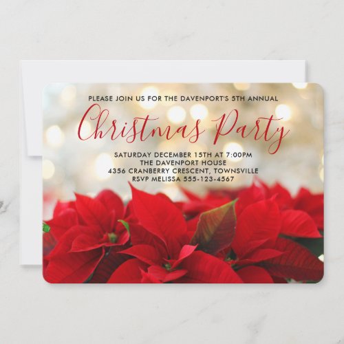 Red Poinsettias with Golden Bokeh Christmas Invite