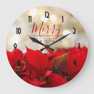 Red Poinsettias with Golden Bokeh Christmas Large Clock