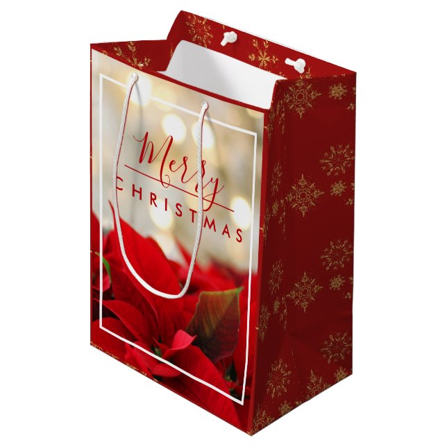 Red Poinsettias with Golden Bokeh Christmas Medium Gift Bag (Front Angled)