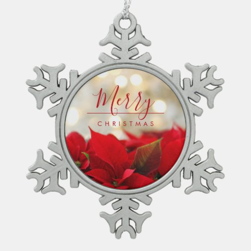 Red Poinsettias with Golden Bokeh Christmas Snowflake Pewter Christmas Ornament