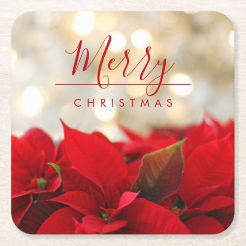 Red Poinsettias with Golden Bokeh Christmas Square Paper Coaster