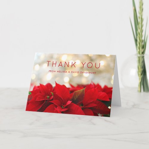 Red Poinsettias with Golden Bokeh Christmas Thanks Card