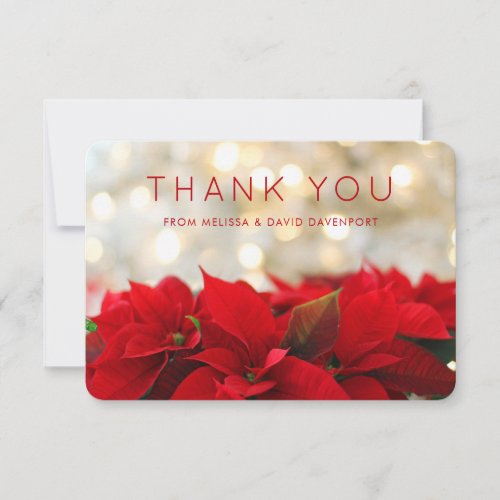 Red Poinsettias with Golden Bokeh Christmas Thanks Thank You Card