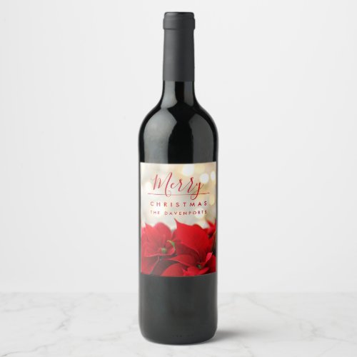 Red Poinsettias with Golden Bokeh Christmas Wine Label