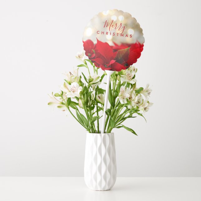 Red Poinsettias with Golden Bokeh Merry Christmas Balloon (Vase)