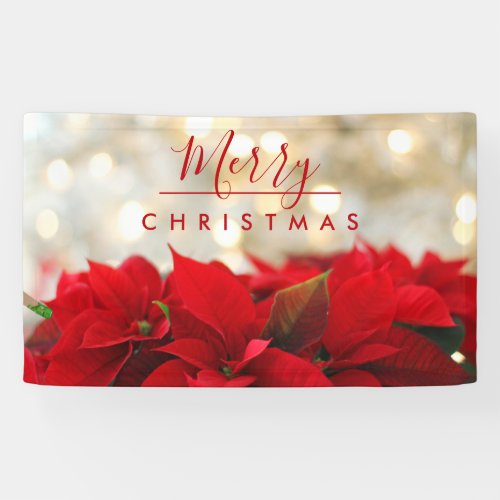 Red Poinsettias with Golden Bokeh Merry Christmas Banner