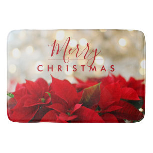 Red Poinsettias with Golden Bokeh Merry Christmas Bath Mat