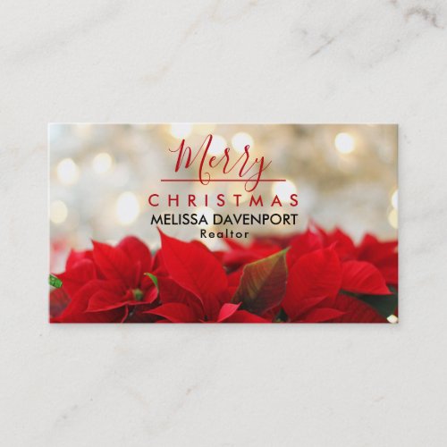 Red Poinsettias with Golden Bokeh Merry Christmas Business Card