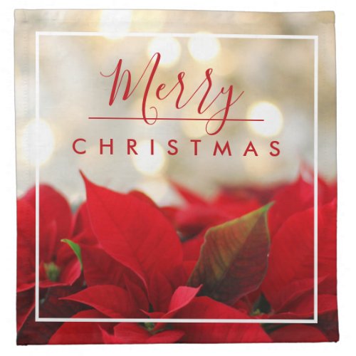 Red Poinsettias with Golden Bokeh Merry Christmas Cloth Napkin