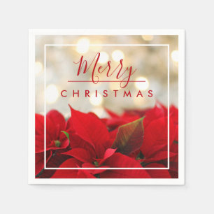 Red Poinsettias with Golden Bokeh Merry Christmas Napkins