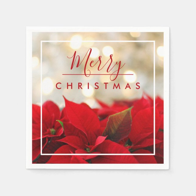 Red Poinsettias with Golden Bokeh Merry Christmas Napkins (Front)