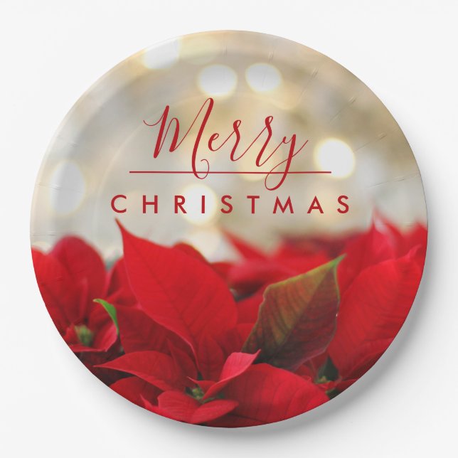 Red Poinsettias with Golden Bokeh Merry Christmas Paper Plates (Front)