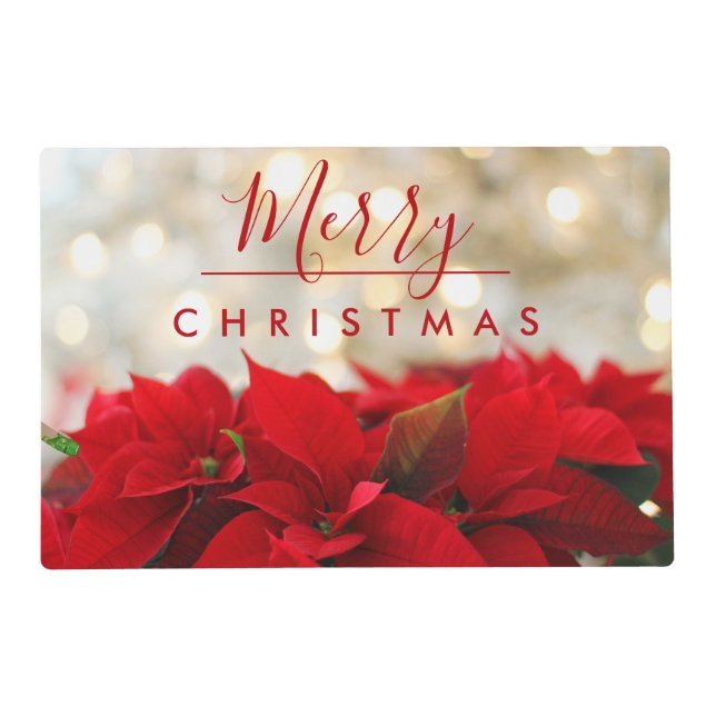 Red Poinsettias with Golden Bokeh Merry Christmas Placemat (Front)