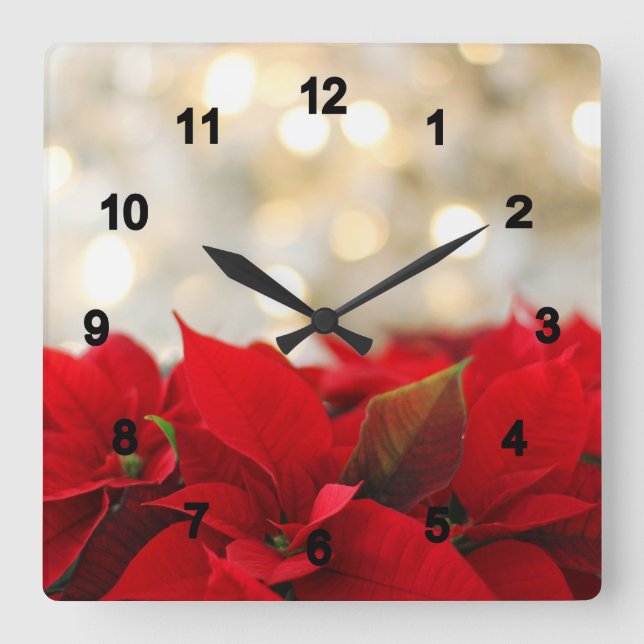 Red Poinsettias with Golden Sparkling Lights Square Wall Clock (Front)