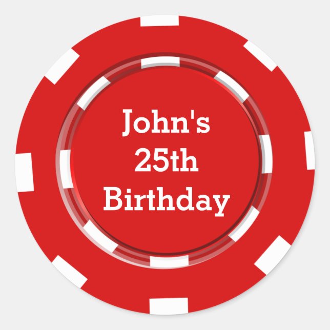 Red poker chip casino party sticker label (Front)