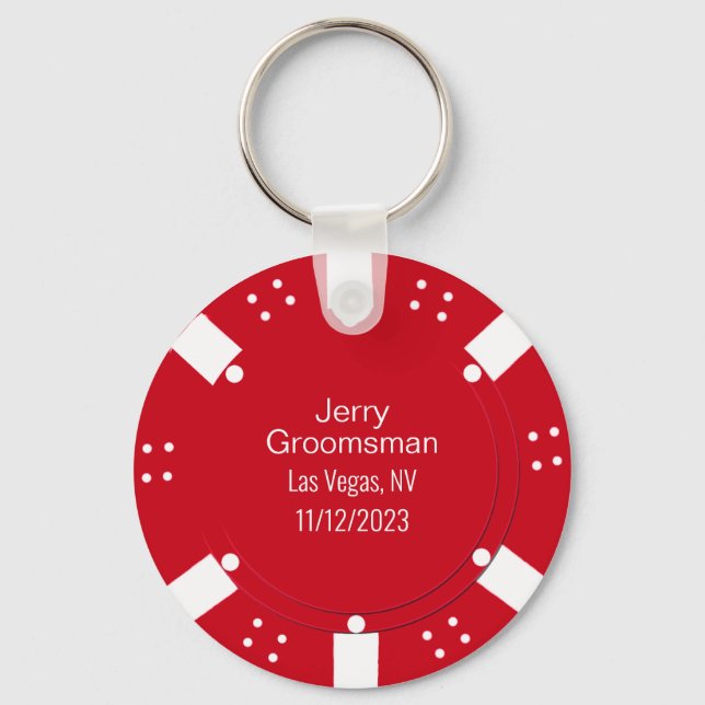 Red Poker Chip Casino Themed Wedding Favor  Keychain (Front)
