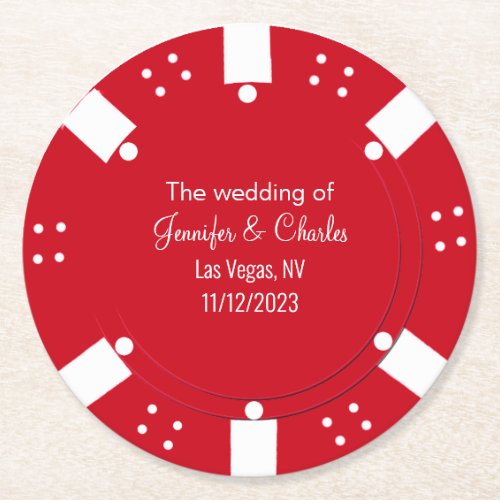 Red Poker Chip Casino Themed Wedding  Round Paper Coaster