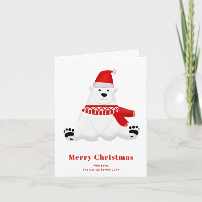 Red Polar Bear Cute Christmas Holiday Card (Front)