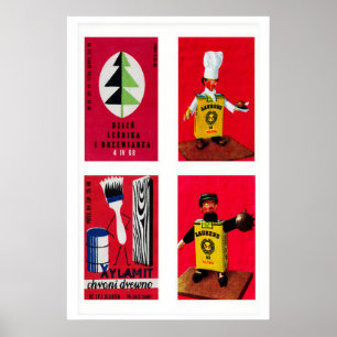 Red Polish Matchbox Labels Grid Print, Vintage Poster