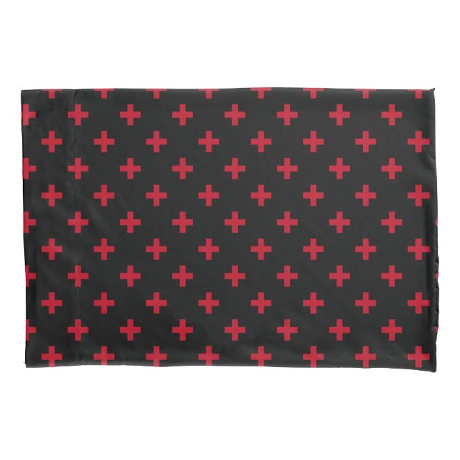 Red polka crosses on black pillow case (Front)