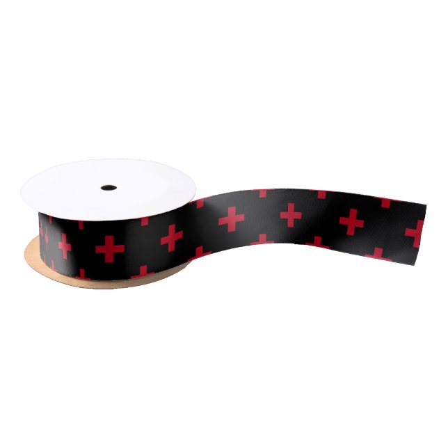 Red polka crosses on black satin ribbon (Spool)