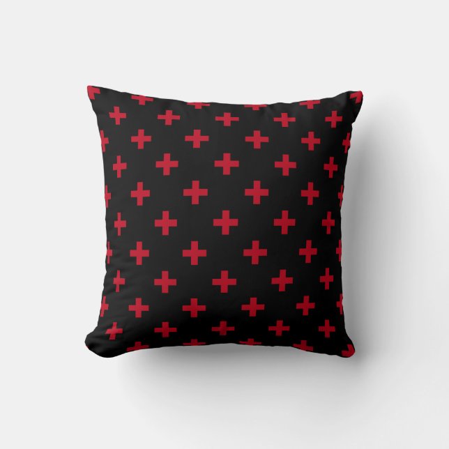 Red polka crosses on black throw pillow (Front)