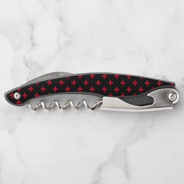 Red polka crosses on black waiter's corkscrew (Back)
