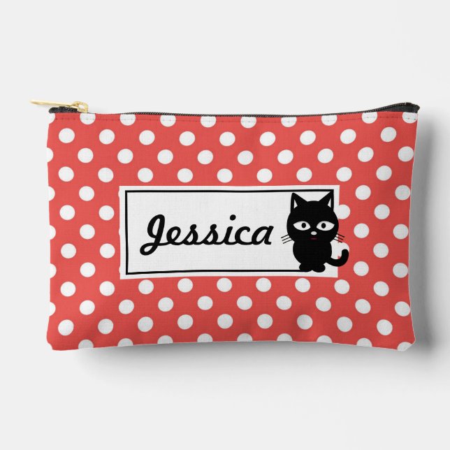 Red Polka Dot and Black Cat Personalised Accessory Pouch (Front)