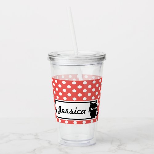 Red Polka Dot and Black Cat Personalised Acrylic Tumbler