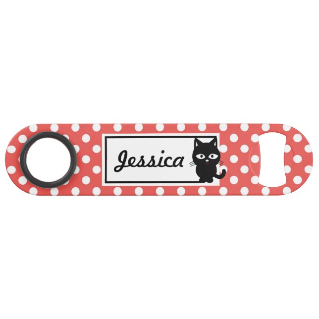 Red Polka Dot and Black Cat Personalised Bar Key (Front (Horizontal))