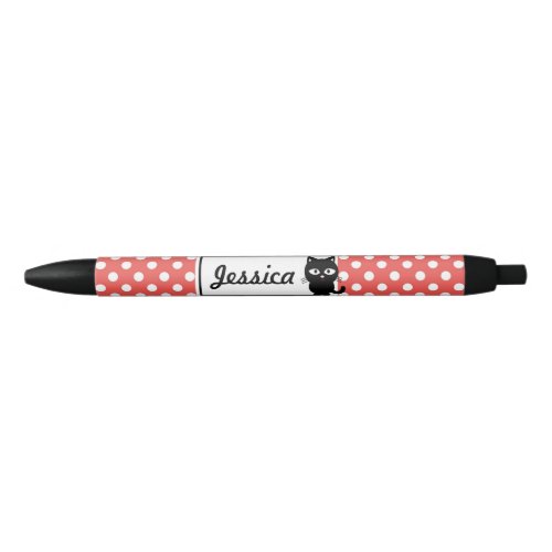 Red Polka Dot and Black Cat Personalised Black Ink Pen