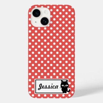 Red Polka Dot And Black Cat Personalised Case-mate Iphone 14 Case by DippyDoodle at Zazzle