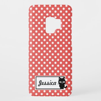 Red Polka Dot And Black Cat Personalised Case-mate Samsung Galaxy S9 Case by DippyDoodle at Zazzle