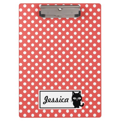 Red Polka Dot and Black Cat Personalised Clipboard