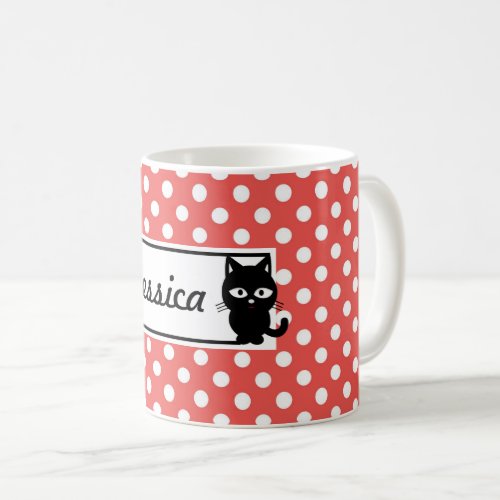 Red Polka Dot and Black Cat Personalised Coffee Mug