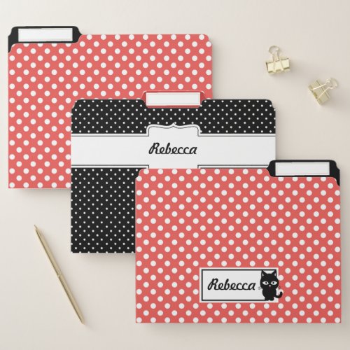 Red Polka Dot and Black Cat Personalised File Folder