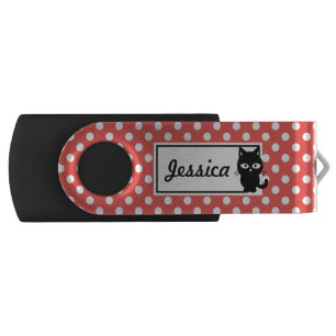 Red Polka Dot and Black Cat Personalised Flash Drive