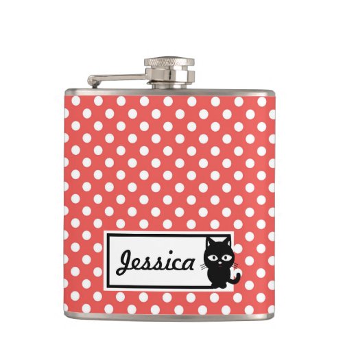 Red Polka Dot and Black Cat Personalised Flask