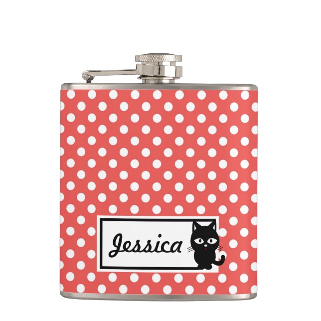 Red Polka Dot and Black Cat Personalised Flask (Front)