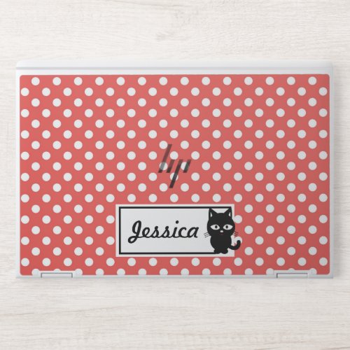 Red Polka Dot and Black Cat Personalised HP Laptop Skin