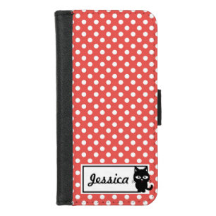 Red Polka Dot and Black Cat Personalised iPhone 8/7 Wallet Case