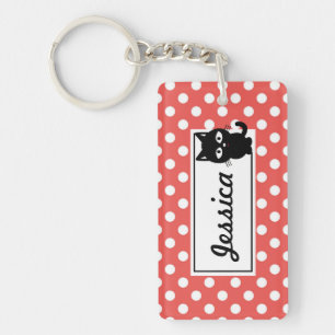 Red Polka Dot and Black Cat Personalised Keychain