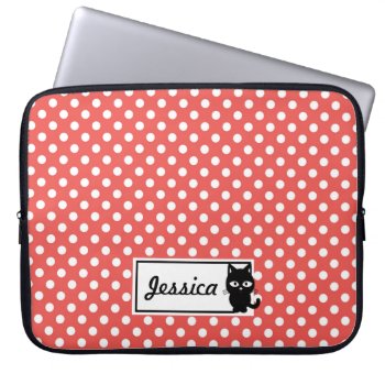 Red Polka Dot And Black Cat Personalised Laptop Sleeve by DippyDoodle at Zazzle