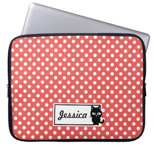 Red Polka Dot and Black Cat Personalised Laptop Sleeve