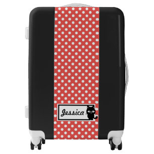 Red Polka Dot and Black Cat Personalised Luggage
