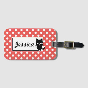 Red Polka Dot and Black Cat Personalised Luggage Tag