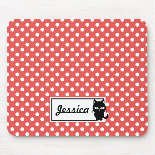 Red Polka Dot and Black Cat Personalised Mouse Pad