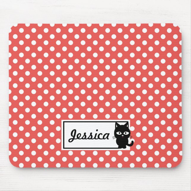 Red Polka Dot and Black Cat Personalised Mouse Pad (Front)