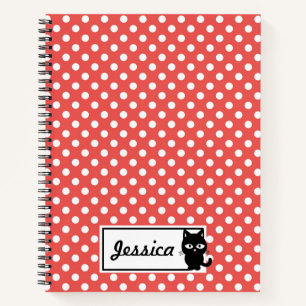 Red Polka Dot and Black Cat Personalised Notebook