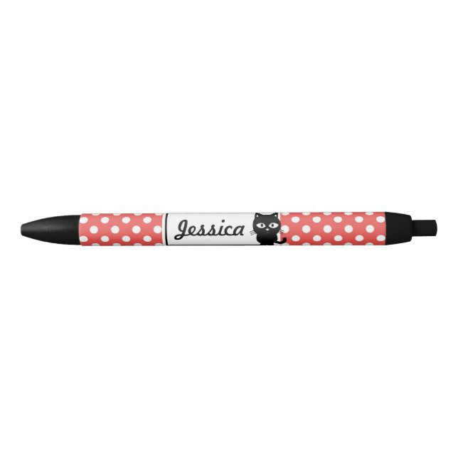 Red Polka Dot and Black Cat Personalised Pen (Front)